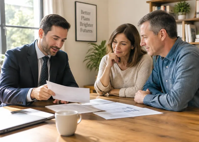 An advisor reviewing printed financial documents with a couple at a wooden table