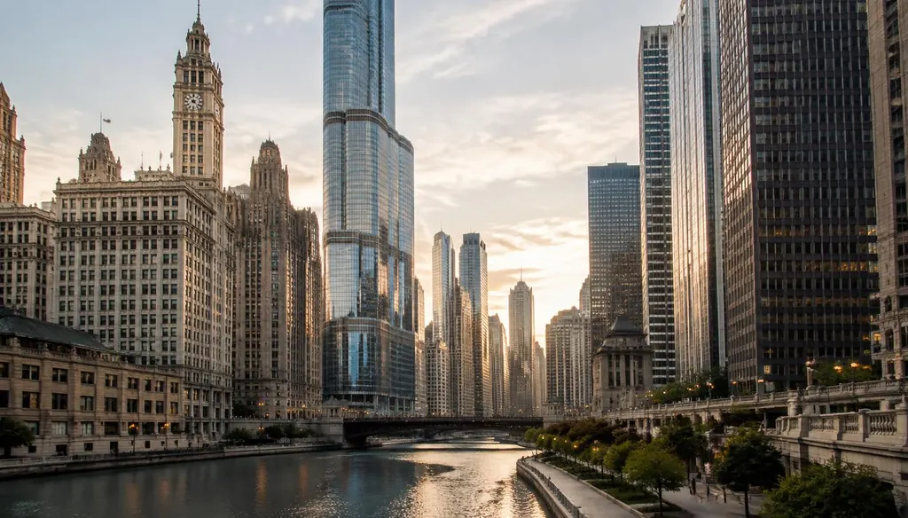 Historic and modern Chicago towers along the Chicago River in soft morning light