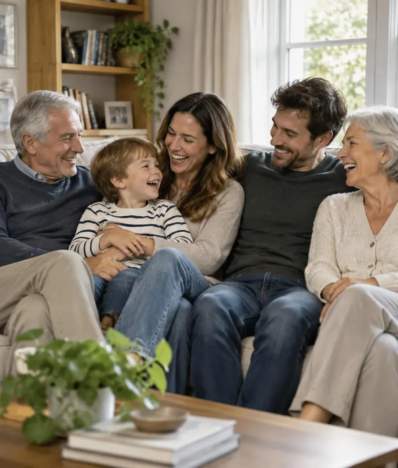 Three generations of a family laughing together on a sofa in a sunlit living room